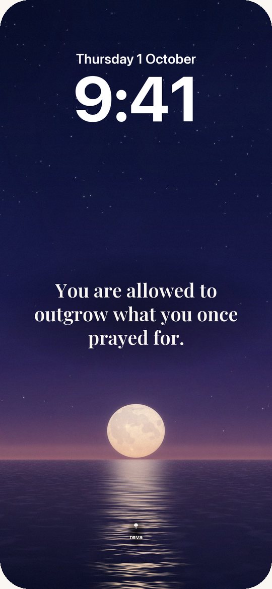 An iPhone Lock Screen at 9:41 with a full moon rising over a calm sea and the words: You are allowed to outgrow what you once prayed for.